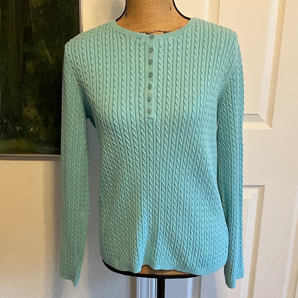 JONES NEW YORK signature cotton light blue cable knit button Henley sweater XL
